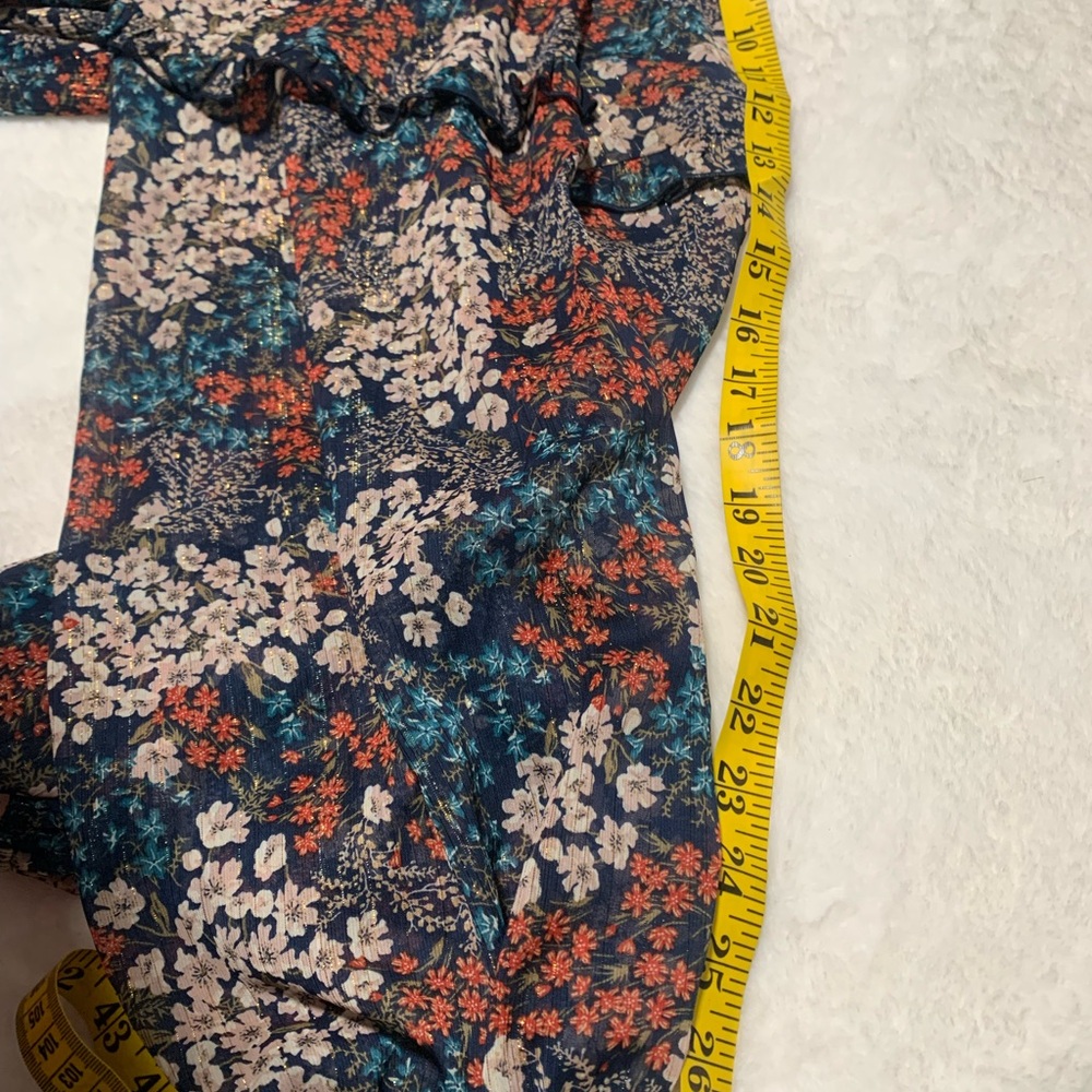 Wonderly Navy Floral Blouse with Orange and Cream Accents Ruffle Sleeves! - Picture 7 of 14